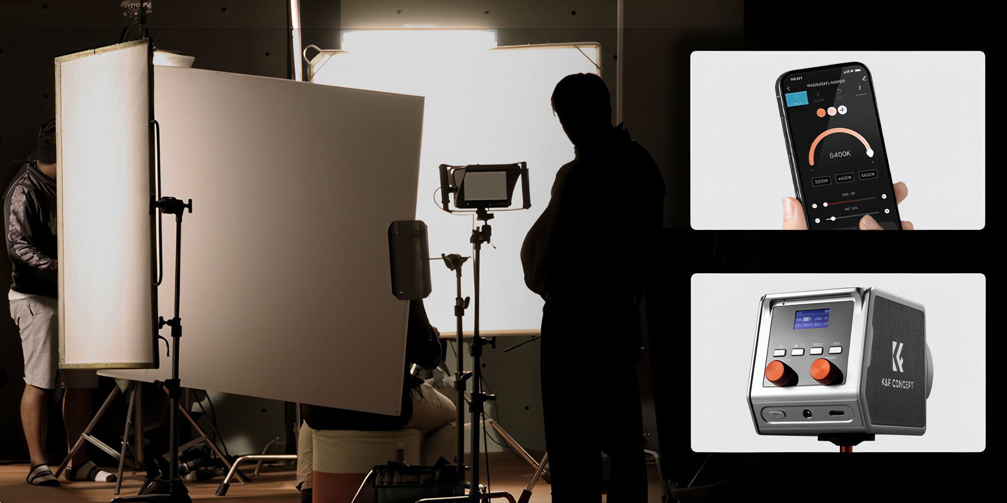 Zdjęcie przedstawia studio fotograficzne z dużymi panelami świetlnymi i statywami. Obok widoczne są dwa zbliżenia: jedno na ekran smartfona z aplikacją do sterowania oświetleniem, drugie na panel sterujący z logo \'K\'.