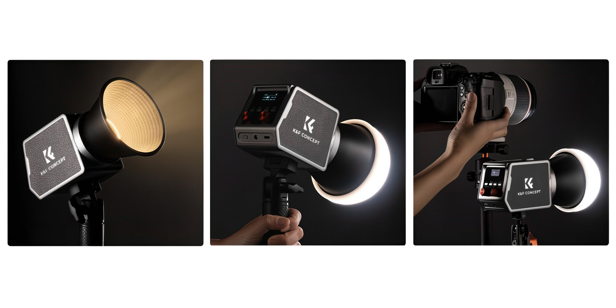 Trzy zdjęcia przedstawiające lampę fotograficzną LED studyjną z logo \'K&F CONCEPT\'. Lampa jest zamontowana na statywie, a jedno ze zdjęć pokazuje ją w użyciu z aparatem fotograficznym.