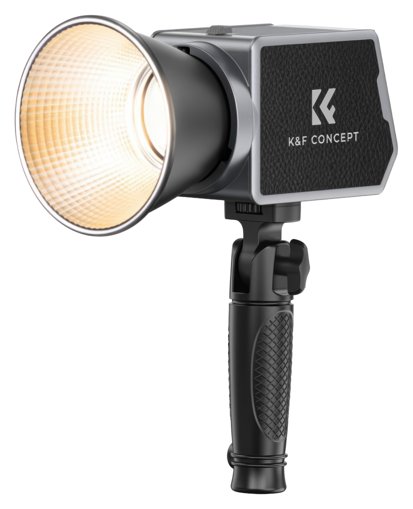 Na obrazie widoczna jest lampa fotograficzna LED z uchwytem, emitująca ciepłe światło. Na obudowie znajduje się logo \'K&F CONCEPT\'.