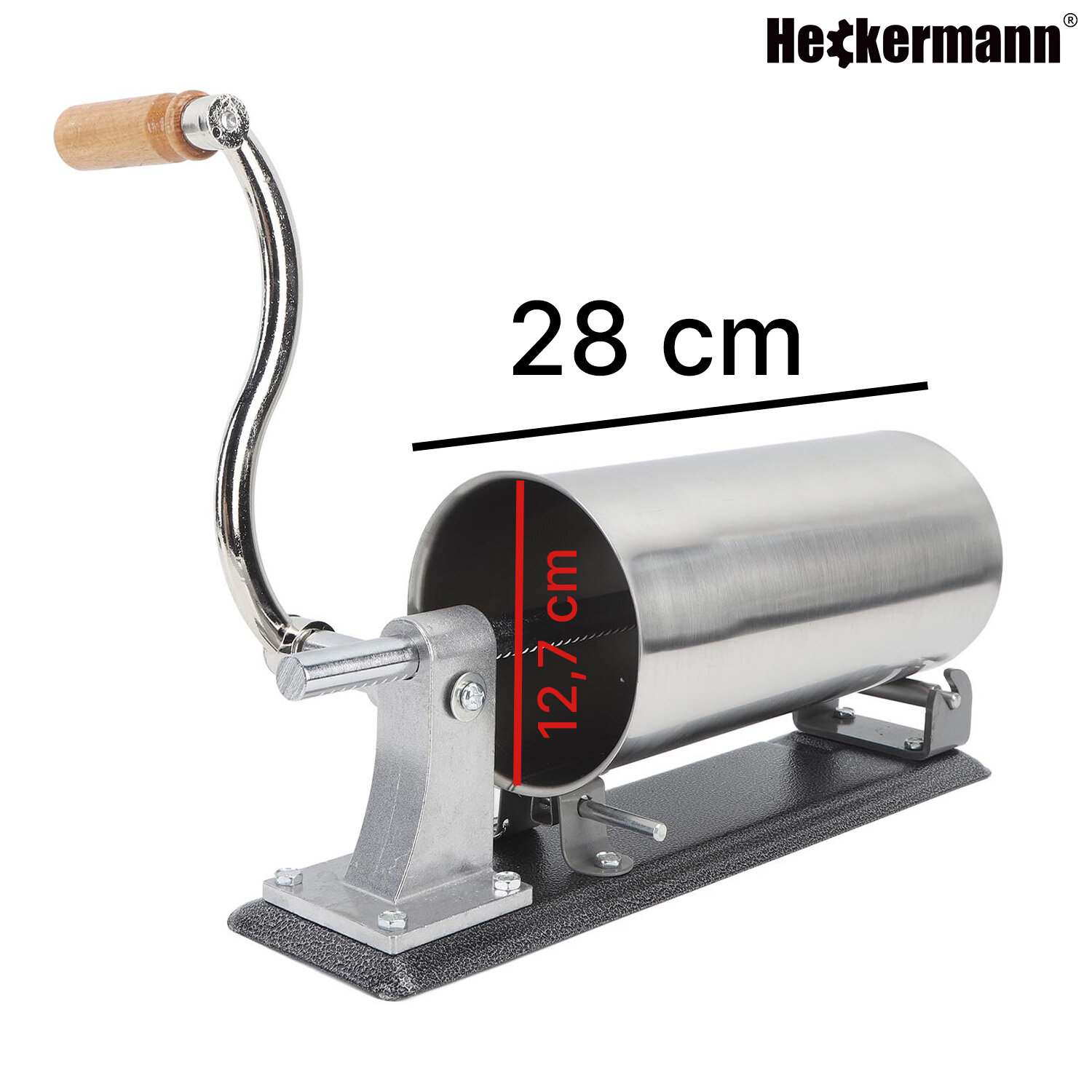 Na obrazie widoczna jest nadziewarka do kiełbas z metalowym cylindrem i drewnianą rączką. Obok produktu znajdują się wymiary: 28 cm i 12,7 cm, a w prawym górnym rogu widnieje logo \'Heckermann\'.