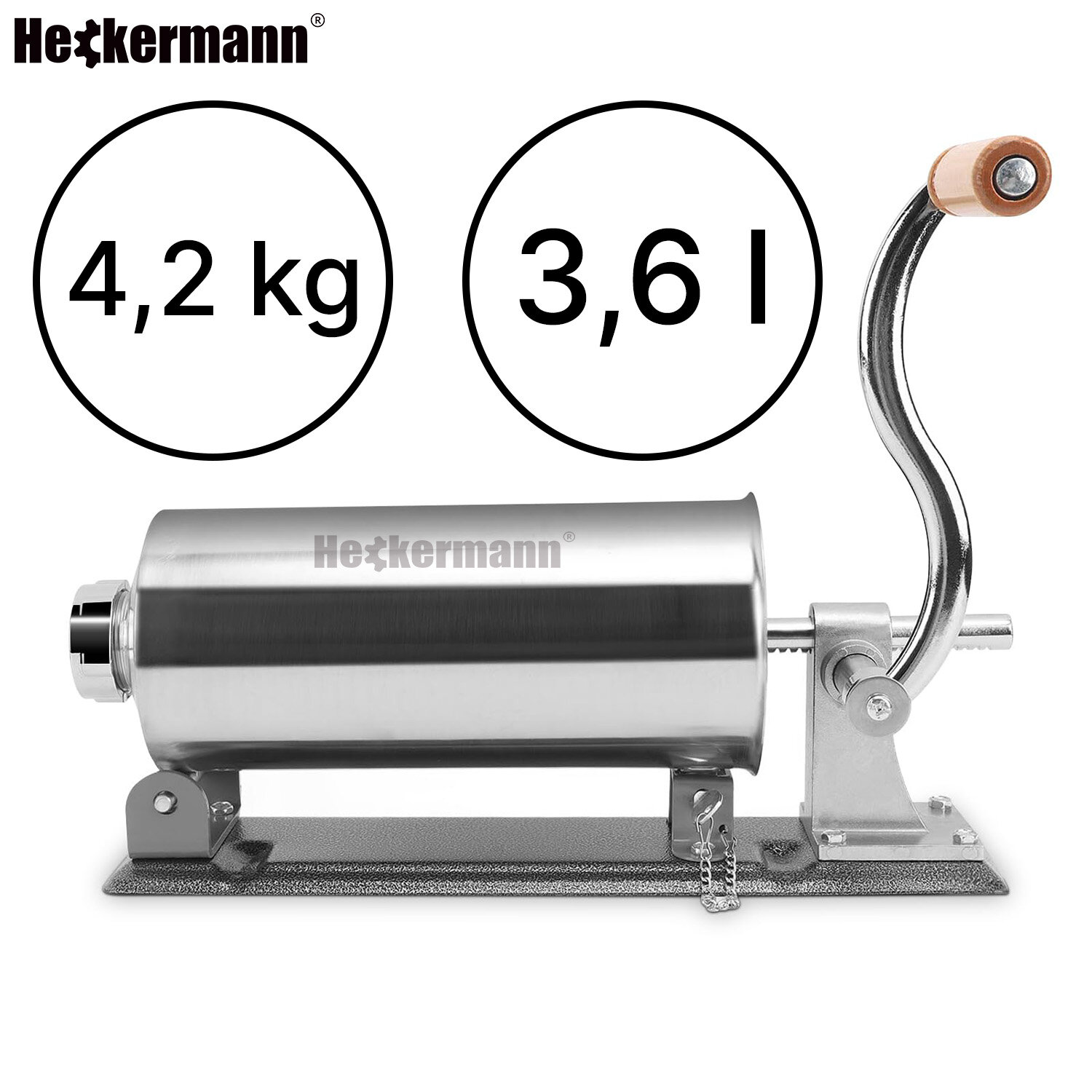 Na obrazie znajduje się metalowa nadziewarka do kiełbas z drewnianą rączką. Widoczny jest tekst: \'Heckermann\', \'4,2 kg\', \'3,6 l\'.