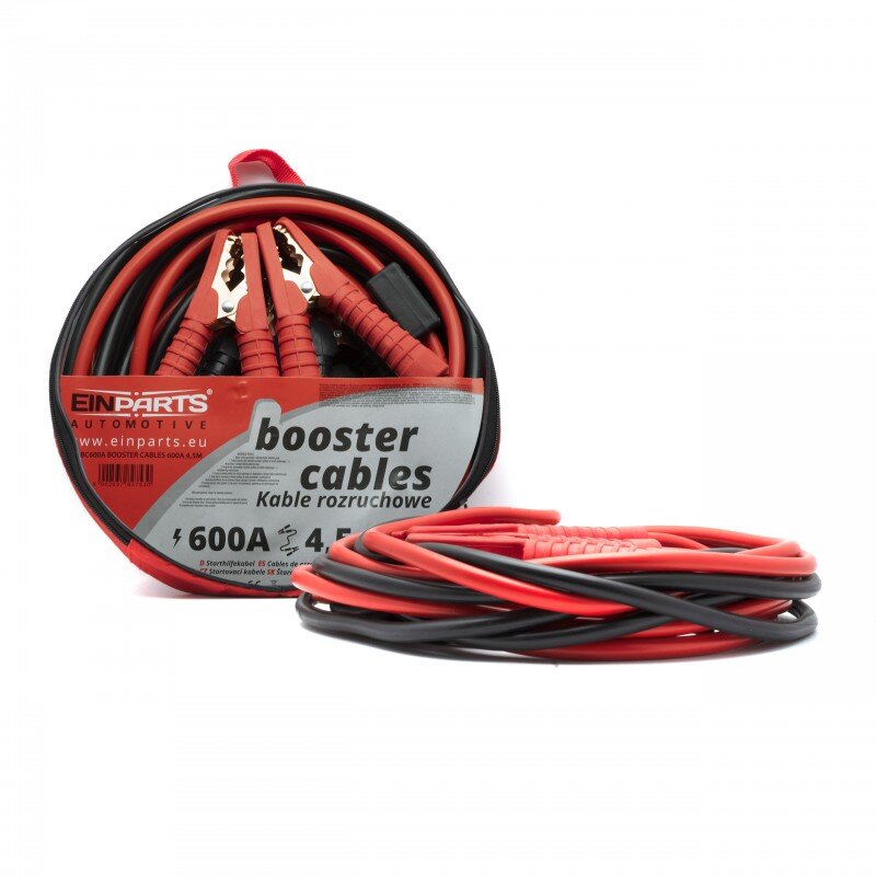 Na obrazie widoczne są czerwono-czarne kable rozruchowe w opakowaniu z napisem \'Einparts Automotive booster cables Kable rozruchowe 600A 4,5M\'.