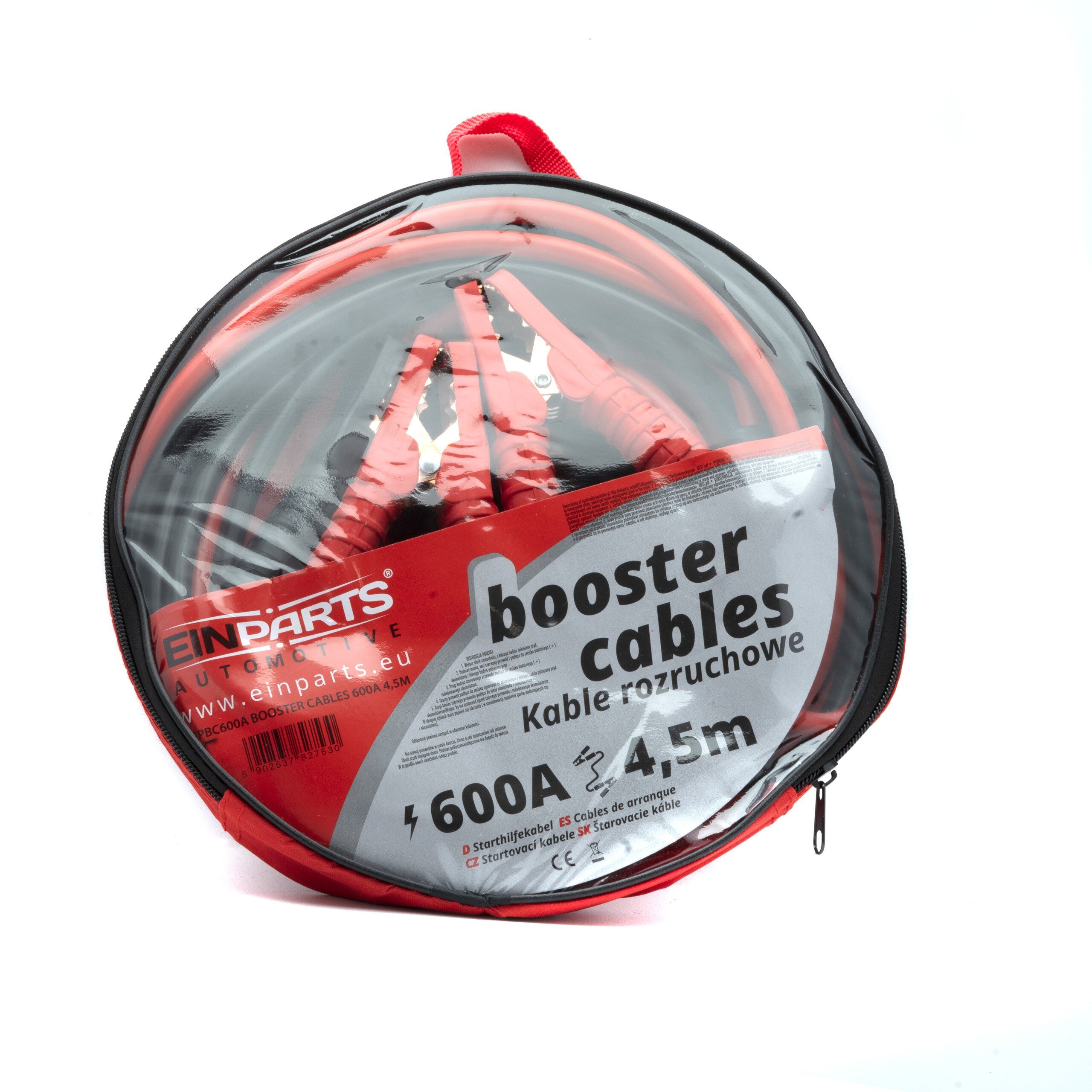 Na obrazie widoczna jest okrągła torba z przezroczystym przodem, w której znajdują się czerwone kable rozruchowe. Na torbie widnieje napis: \'Einparts booster cables Kable rozruchowe 600A 4,5m\'.
