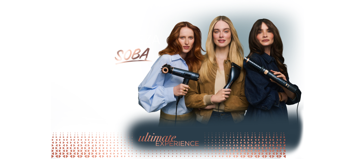 Trzy kobiety trzymają różne modele suszarek do włosów. Na dole widoczny jest napis \'ultimate EXPERIENCE\'.