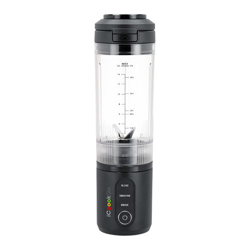 Blender personalny w kolorze grafitowym z przezroczystym pojemnikiem i miarką. Na podstawie widoczne są przyciski z napisami: \'BLEND\', \'SMOOTHIE\', \'CRUSH\' oraz logo \'icook\'.