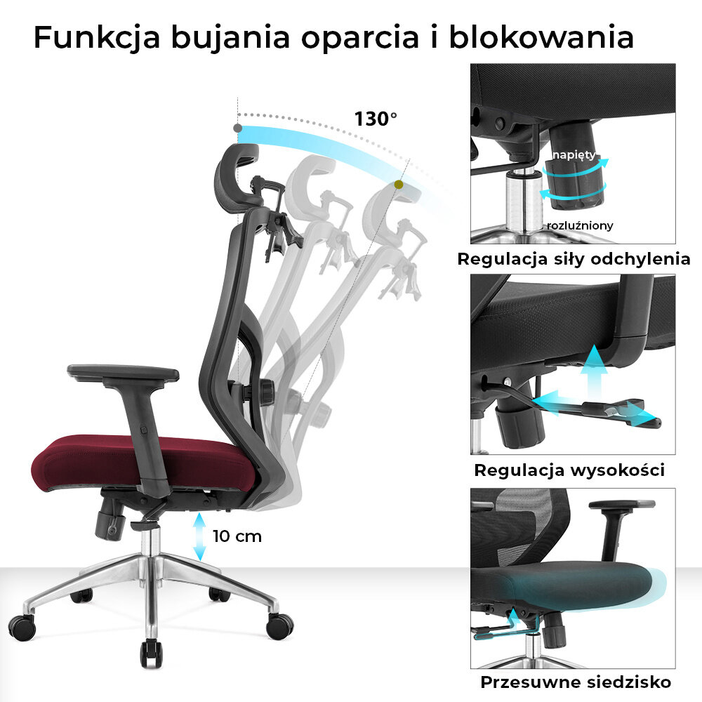 Obraz przedstawia ergonomiczny fotel biurowy z funkcją bujania oparcia i blokowania, z możliwością regulacji siły odchylenia, wysokości oraz przesuwnego siedziska. Widoczny jest tekst: \'Funkcja bujania oparcia i blokowania\', \'Regulacja siły odchylenia\', \'Regulacja wysokości\', \'Przesuwne siedzisko\'.