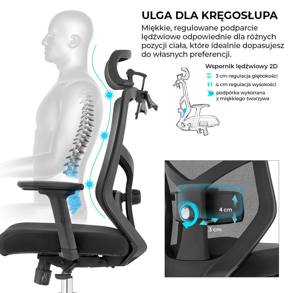 Obraz przedstawia ergonomiczny fotel biurowy z regulowanym podparciem lędźwiowym, obok którego znajduje się sylwetka człowieka z zaznaczonym kręgosłupem. Tekst na obrazie: \'ULGA DLA KRĘGOSŁUPA Miękkie, regulowane podparcie lędźwiowe odpowiednie dla różnych pozycji ciała, które idealnie dopasujesz do własnych preferencji. Wspornik lędźwiowy 2D 3 cm regulacja głębokości 4 cm regulacja wysokości podpórka wykonana z miękkiego tworzywa\'.