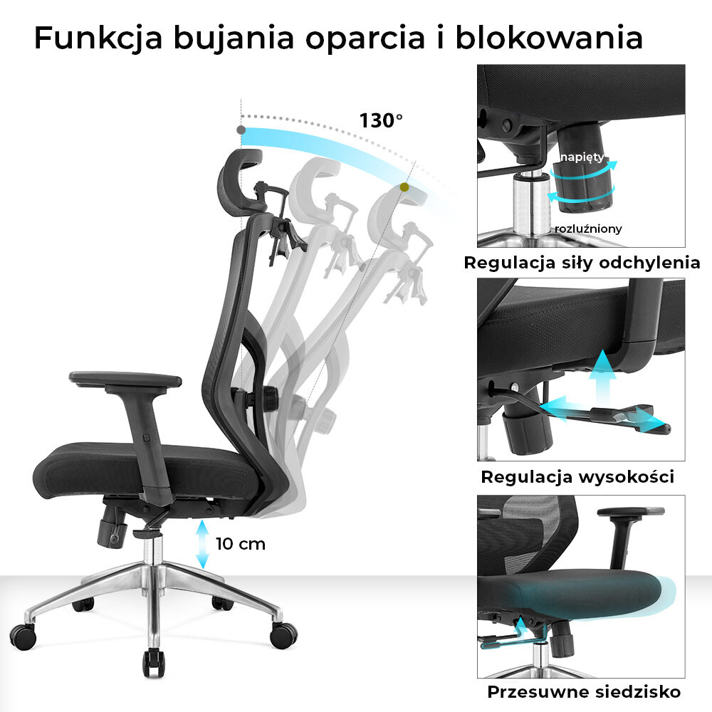 Obraz przedstawia ergonomiczny fotel biurowy z funkcją bujania oparcia i blokowania, z możliwością regulacji siły odchylenia, wysokości oraz przesuwnego siedziska. Widoczny jest zakres odchylenia oparcia do 130 stopni oraz regulacja wysokości o 10 cm.