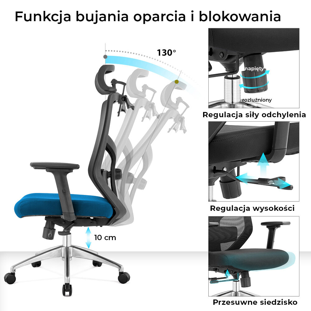 Obraz przedstawia ergonomiczny fotel biurowy z funkcją bujania oparcia i blokowania, z możliwością regulacji siły odchylenia, wysokości oraz przesuwnego siedziska. Widoczny jest niebieski materiał siedziska oraz metalowa podstawa z kółkami.