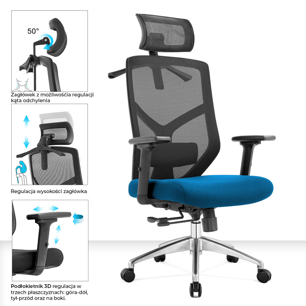 Ergonomiczny fotel biurowy z niebieskim siedziskiem, czarnym oparciem z siatki i regulowanym zagłówkiem. Obok znajdują się ilustracje pokazujące regulację kąta odchylenia zagłówka, wysokości zagłówka oraz podłokietników 3D.