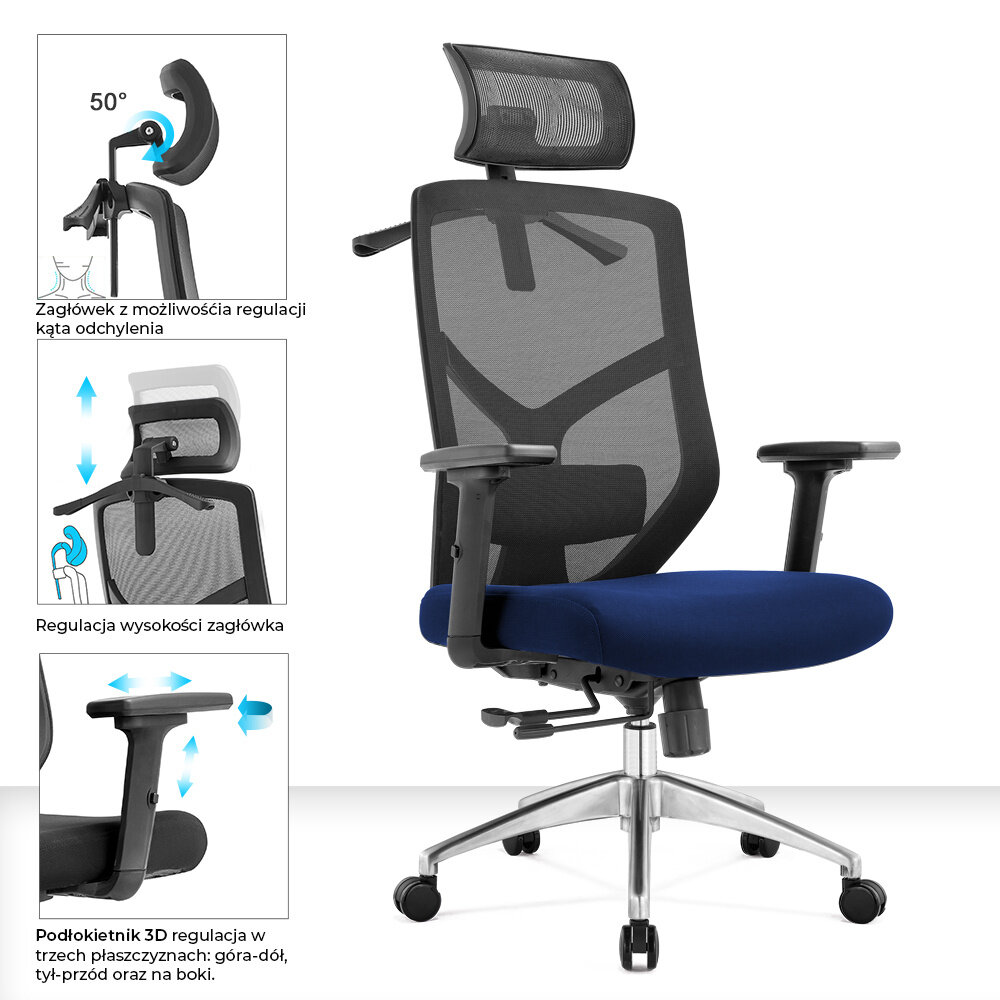 Ergonomiczny fotel biurowy z granatowym siedziskiem i czarnym oparciem z siatki, wyposażony w regulowany zagłówek i podłokietniki 3D. Obok fotela znajdują się ilustracje pokazujące możliwości regulacji zagłówka i podłokietników.