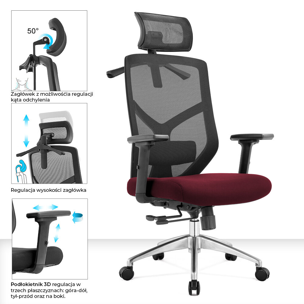 Ergonomiczny fotel biurowy z siatkowym oparciem i bordowym siedziskiem, posiada regulowany zagłówek i podłokietniki 3D. Obok fotela znajdują się ilustracje pokazujące możliwości regulacji zagłówka i podłokietników.