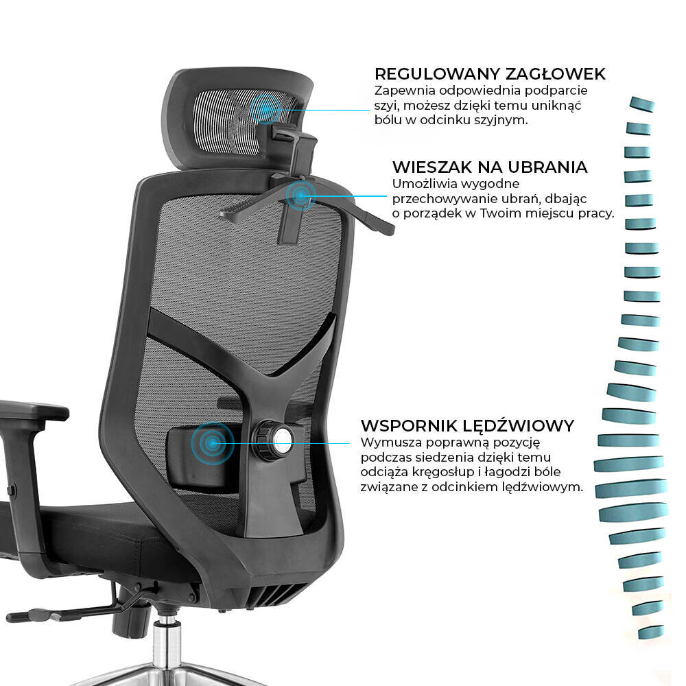 Obraz przedstawia tył ergonomicznego fotela biurowego z regulowanym zagłówkiem, wieszakiem na ubrania i wspornikiem lędźwiowym. Obok znajdują się opisy funkcji: \'REGULOWANY ZAGŁÓWEK\', \'WIESZAK NA UBRANIA\', \'WSPORNIK LĘDŹWIOWY\'.