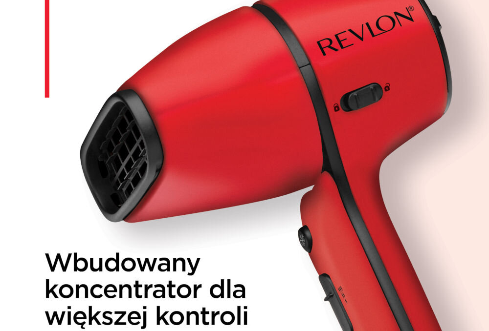 Czerwona suszarka do włosów z logo \'REVLON\' i wbudowanym koncentratorem. Tekst na obrazie: \'Wbudowany koncentrator dla większej kontroli\'.