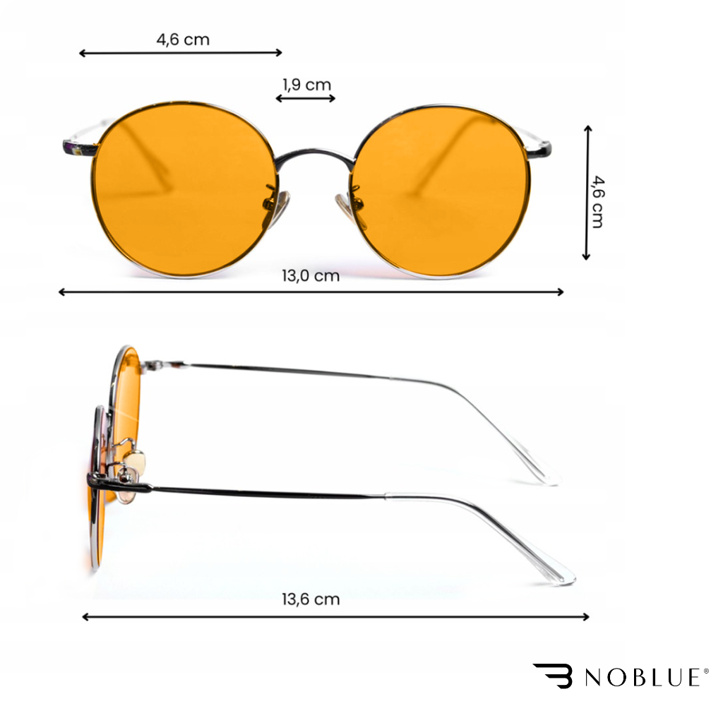 Obraz przedstawia okulary z pomarańczowymi soczewkami, z wymiarami: szerokość soczewek 4,6 cm, mostek 1,9 cm, szerokość całkowita 13,0 cm, długość zauszników 13,6 cm. W prawym dolnym rogu widoczne jest logo \'NOBLUE\'.