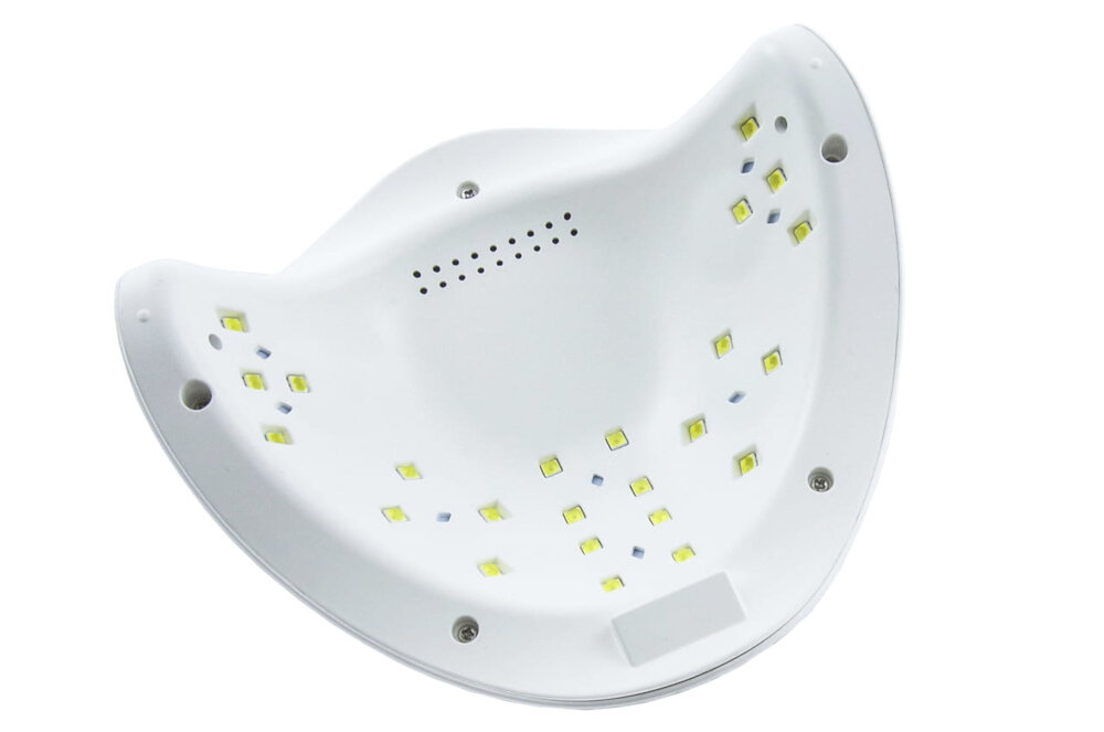 Biała lampa UV/LED do paznokci z wieloma żółtymi diodami rozmieszczonymi wewnątrz. Widoczne są również otwory wentylacyjne i kilka srebrnych śrubek.