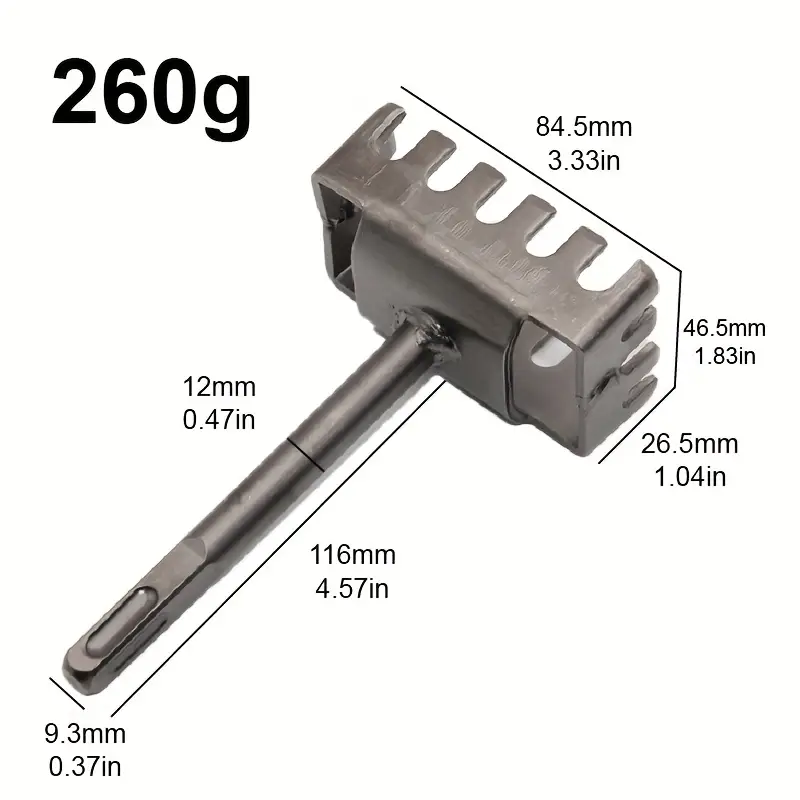 Metalowy narzędzie z uchwytem i ząbkowaną głowicą, z wymiarami podanymi w milimetrach i calach: 84.5mm (3.33in), 46.5mm (1.83in), 26.5mm (1.04in), 116mm (4.57in), 12mm (0.47in), 9.3mm (0.37in). Widoczna jest także waga: 260g.