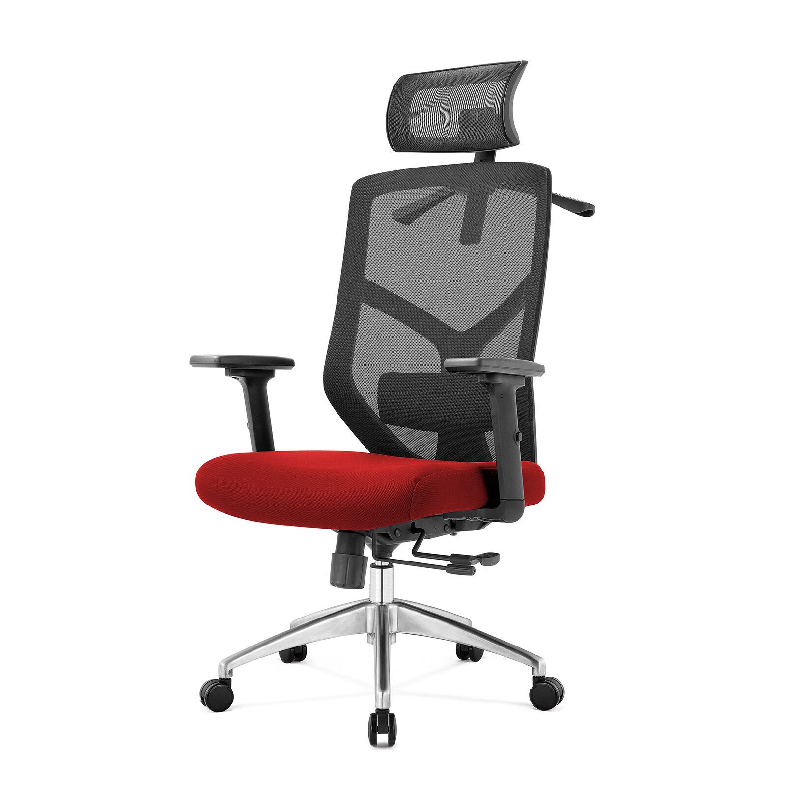 Ergonomiczny fotel biurowy z czerwonym siedziskiem, czarnym oparciem z siatki i regulowanym zagłówkiem. Fotel posiada metalową podstawę z kółkami i regulowane podłokietniki.