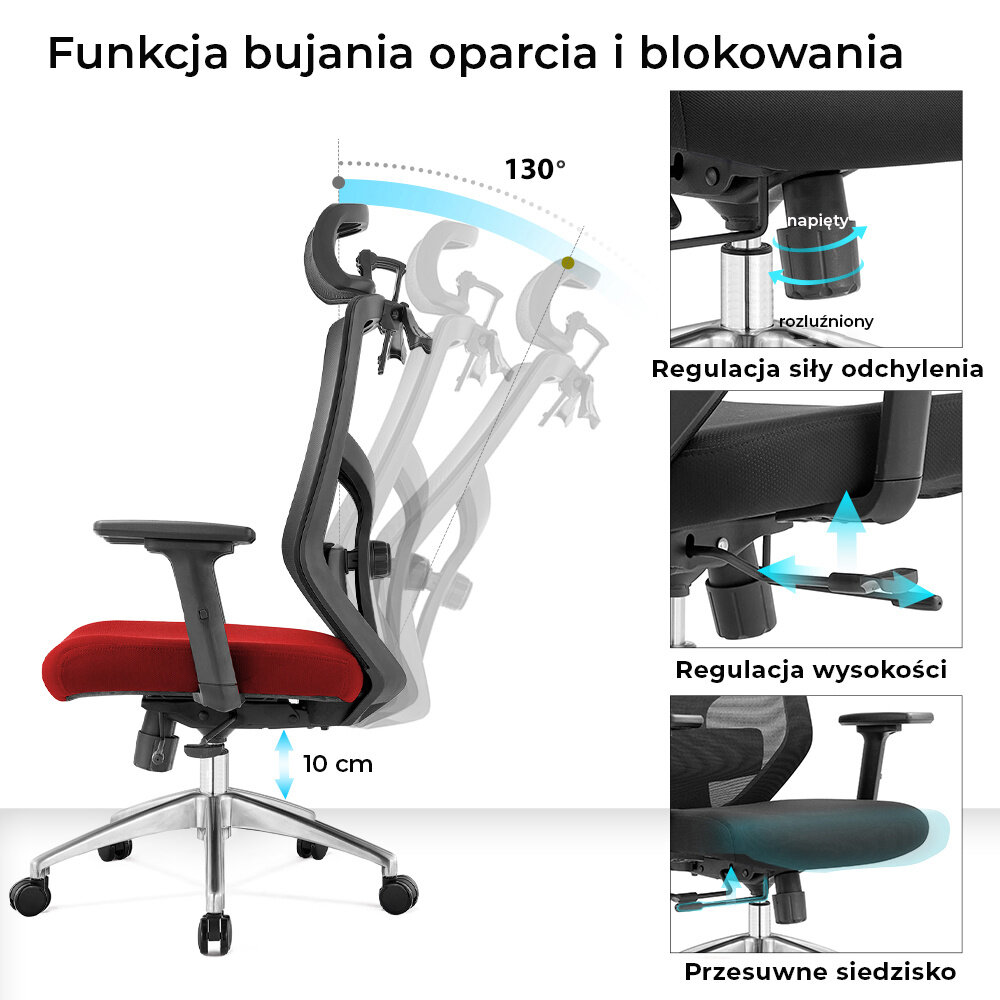 Obraz przedstawia ergonomiczny fotel biurowy z funkcją bujania oparcia i blokowania, z możliwością regulacji siły odchylenia, wysokości oraz przesuwnego siedziska. Widoczny jest czerwony fotel z czarnym oparciem i metalową podstawą na kółkach, a także schematy pokazujące zakres regulacji.