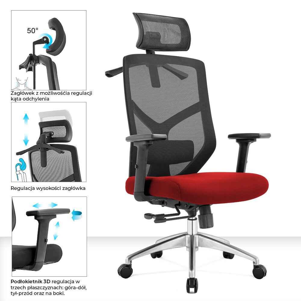 Ergonomiczny fotel biurowy z czerwonym siedziskiem i czarnym oparciem z siatki, wyposażony w regulowany zagłówek i podłokietniki 3D. Obok fotela znajdują się ilustracje pokazujące możliwości regulacji zagłówka i podłokietników.