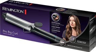 Opakowanie lokówki z napisem \'REMINGTON Pro Big Curl\'. Widoczna jest grafika lokówki oraz zdjęcie kobiety z długimi włosami.