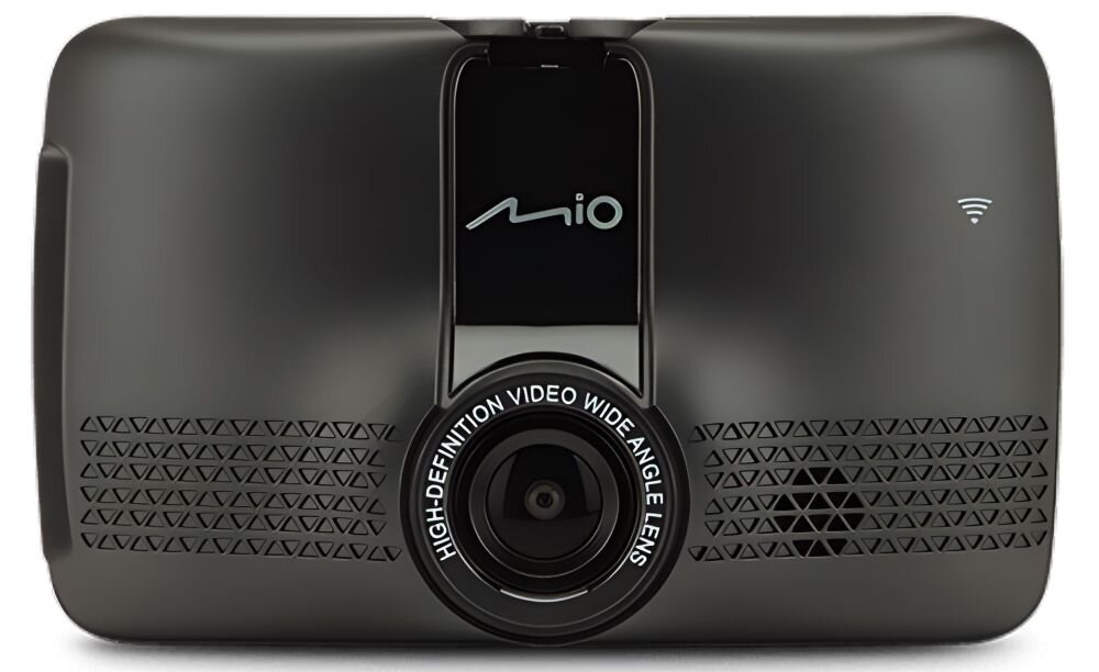Czarny wideorejestrator z logo \'mio\' na górze i obiektywem z napisem \'HIGH-DEFINITION VIDEO WIDE ANGLE LENS\'.