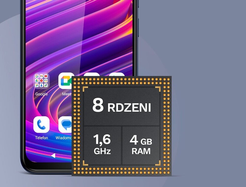 Obraz przedstawia fragment smartfona z kolorowym ekranem, na którym widoczne są ikony aplikacji. Obok znajduje się grafika z napisem \'8 RDZENI, 1,6 GHz, 4 GB RAM\'.