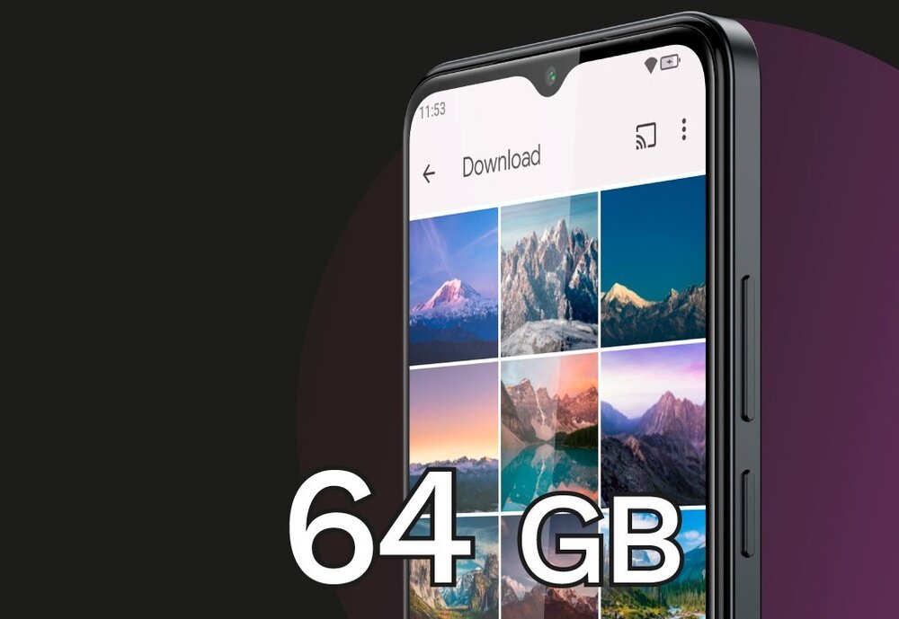 Smartfon z wyświetlaczem pokazującym galerię zdjęć górskich krajobrazów oraz tekst \'Download\'. Na pierwszym planie widoczny jest napis \'64 GB\'.