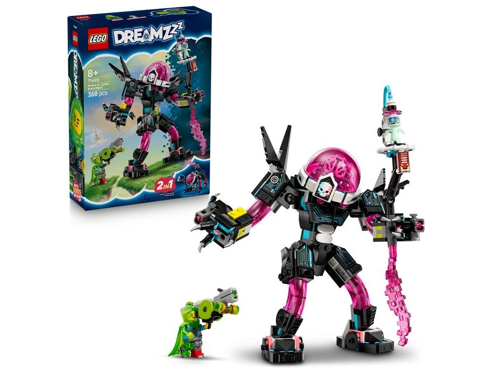 Zestaw LEGO przedstawia dużego mecha z różową kopułą na głowie i różową bronią, obok znajduje się mała figurka z zielonymi elementami. W tle widoczny jest pudełko z grafiką zestawu i napisem \'LEGO DREAMZzz\'.