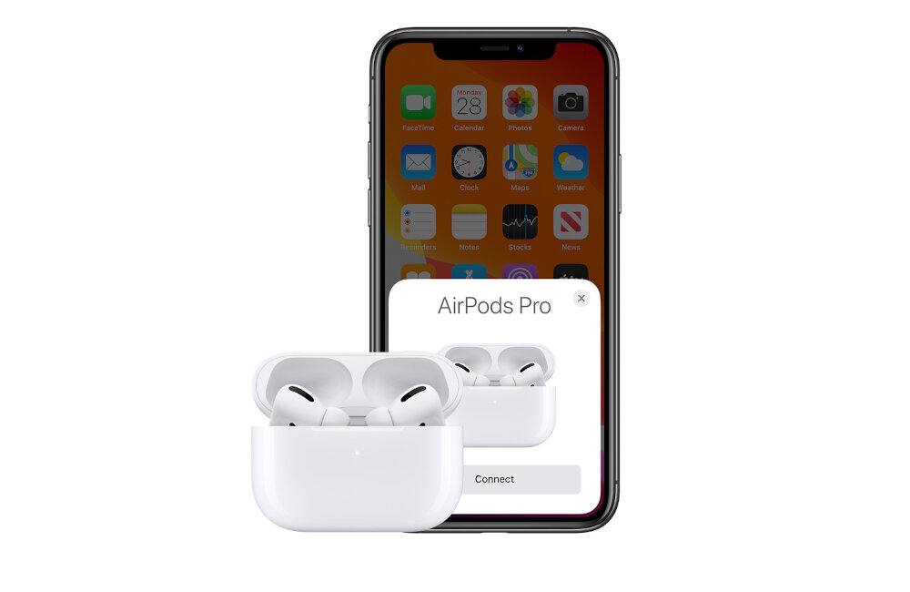 Na obrazie widoczny jest smartfon z wyświetlonym ekranem głównym oraz otwartym oknem z napisem \'AirPods Pro\' i przyciskiem \'Connect\'. Przed telefonem znajduje się etui z otwartymi słuchawkami dokanałowymi w kolorze białym.