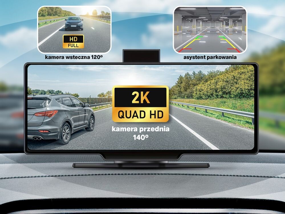Obraz przedstawia ekran samochodowego tabletu multimedialnego z widokiem drogi i samochodu, z napisem \'2K QUAD HD kamera przednia 140°\'. Dodatkowo widoczne są dwa mniejsze ekrany z napisami \'kamera wsteczna 120°\' i \'asystent parkowania\'.
