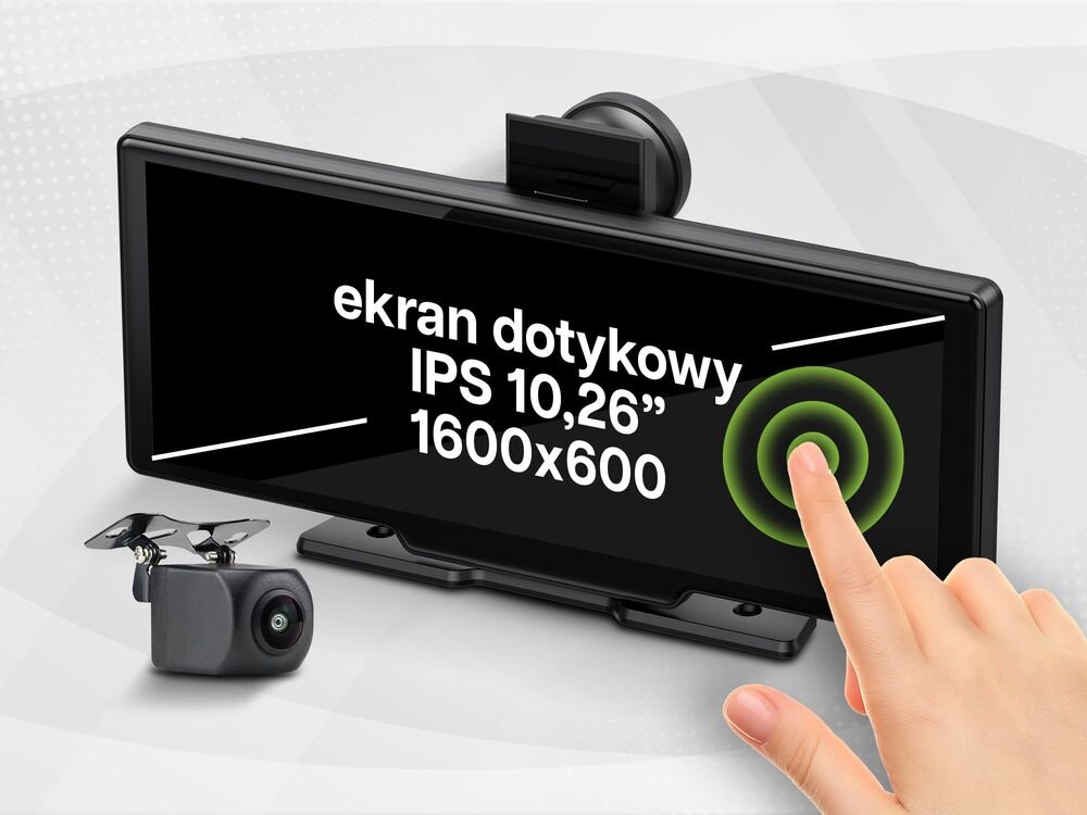 Obraz przedstawia samochodowy tablet multimedialny z ekranem dotykowym IPS 10,26” o rozdzielczości 1600x600. Obok znajduje się kamera, a na ekranie widoczny jest napis \'ekran dotykowy IPS 10,26” 1600x600\'.