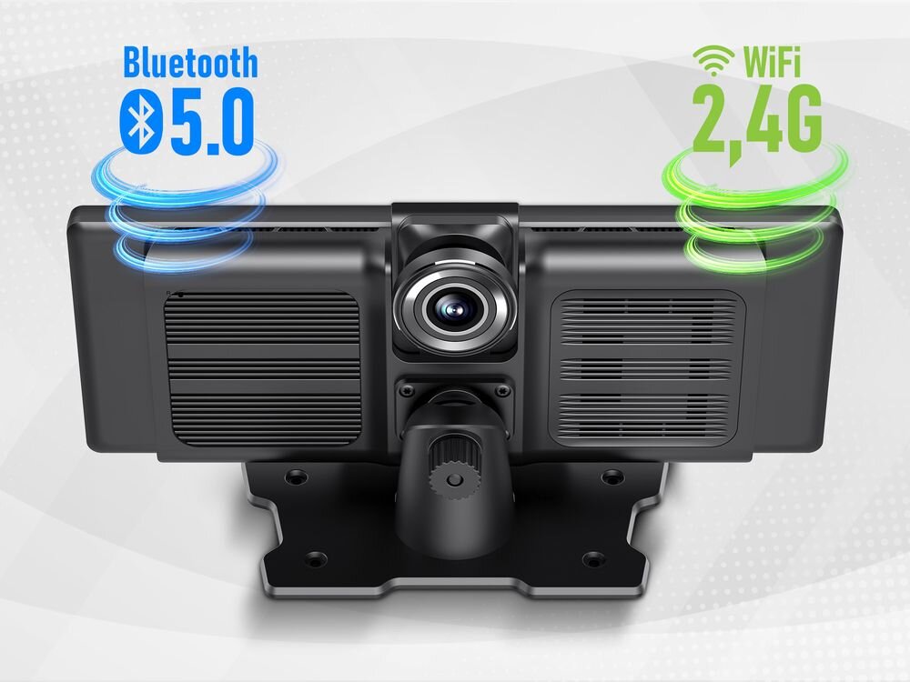 Obraz przedstawia tylną kamerę samochodową z centralnie umieszczonym obiektywem. Po bokach widoczne są napisy: \'Bluetooth 5.0\' i \'WiFi 2,4G\'.