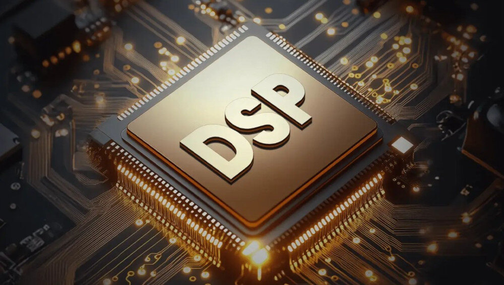 Obraz przedstawia złoty chip z napisem \'DSP\' na tle płyty głównej z widocznymi ścieżkami i elementami elektronicznymi.