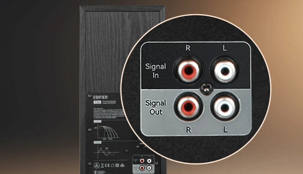 Obraz przedstawia tylną część subwoofera z widocznymi złączami RCA oznaczonymi jako \'Signal In\' i \'Signal Out\'. Na obudowie znajduje się logo \'EDIFIER\' oraz model \'T5s\'.