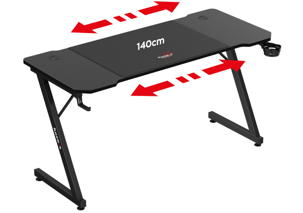 Czarne biurko gamingowe z napisem \'140cm\' na blacie oraz logo \'Huzaro\'. Widoczne są czerwone strzałki wskazujące na szerokość biurka.