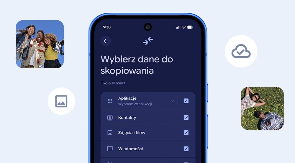 Na ekranie smartfona widoczny jest interfejs z napisem \'Wybierz dane do skopiowania\', a poniżej znajdują się opcje takie jak Aplikacje, Kontakty, Zdjęcia i filmy oraz Wiadomości. W tle znajdują się cztery ikony, w tym dwie przedstawiające ludzi i dwie symboliczne, jedna z chmurą i jedna z obrazem.