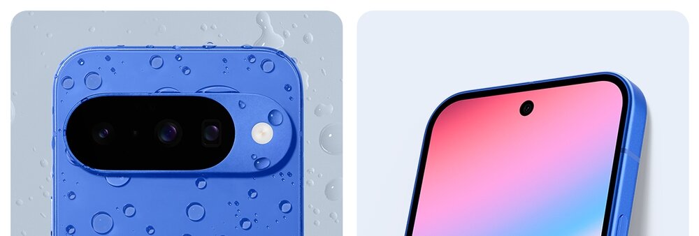 Obraz przedstawia niebieski smartfon z kroplami wody na obudowie, z widocznym modułem aparatu z trzema obiektywami i lampą błyskową. Obok znajduje się zbliżenie na ekran z centralnie umieszczonym otworem na kamerę przednią.