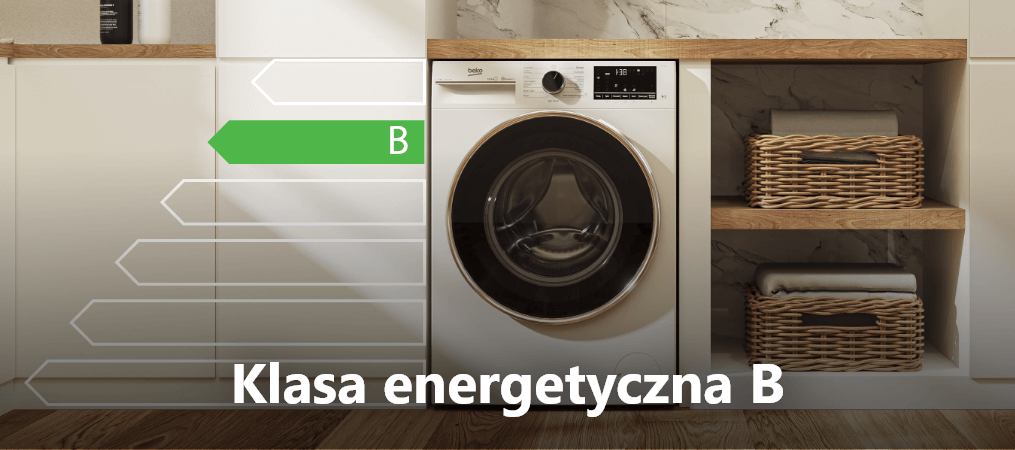 PRALKA BEKO BM1WFU38225WW Pralka w zabudowie pokazana jest z dużym napisem „Klasa energetyczna B”. Strzałki graficzne wskazują poziom efektywności energetycznej oszczędność energii wysoka  klasa energetyczna B niskie  zużycie ekologia