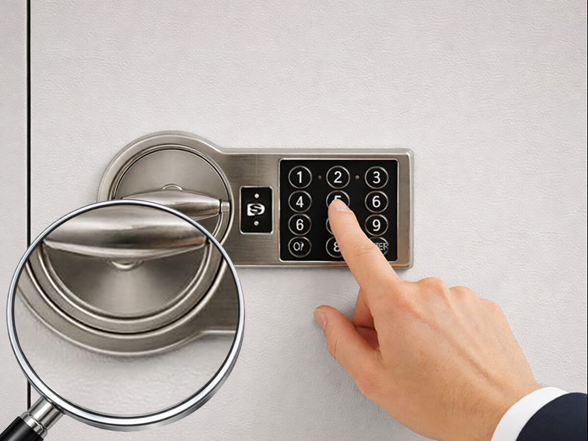 Osoba naciska przycisk na elektronicznej klawiaturze zamka szyfrowego, obok znajduje się powiększenie uchwytu zamka. Na klawiaturze widoczne są cyfry od 0 do 9 oraz przyciski z symbolami \'S\' i \'C\'.