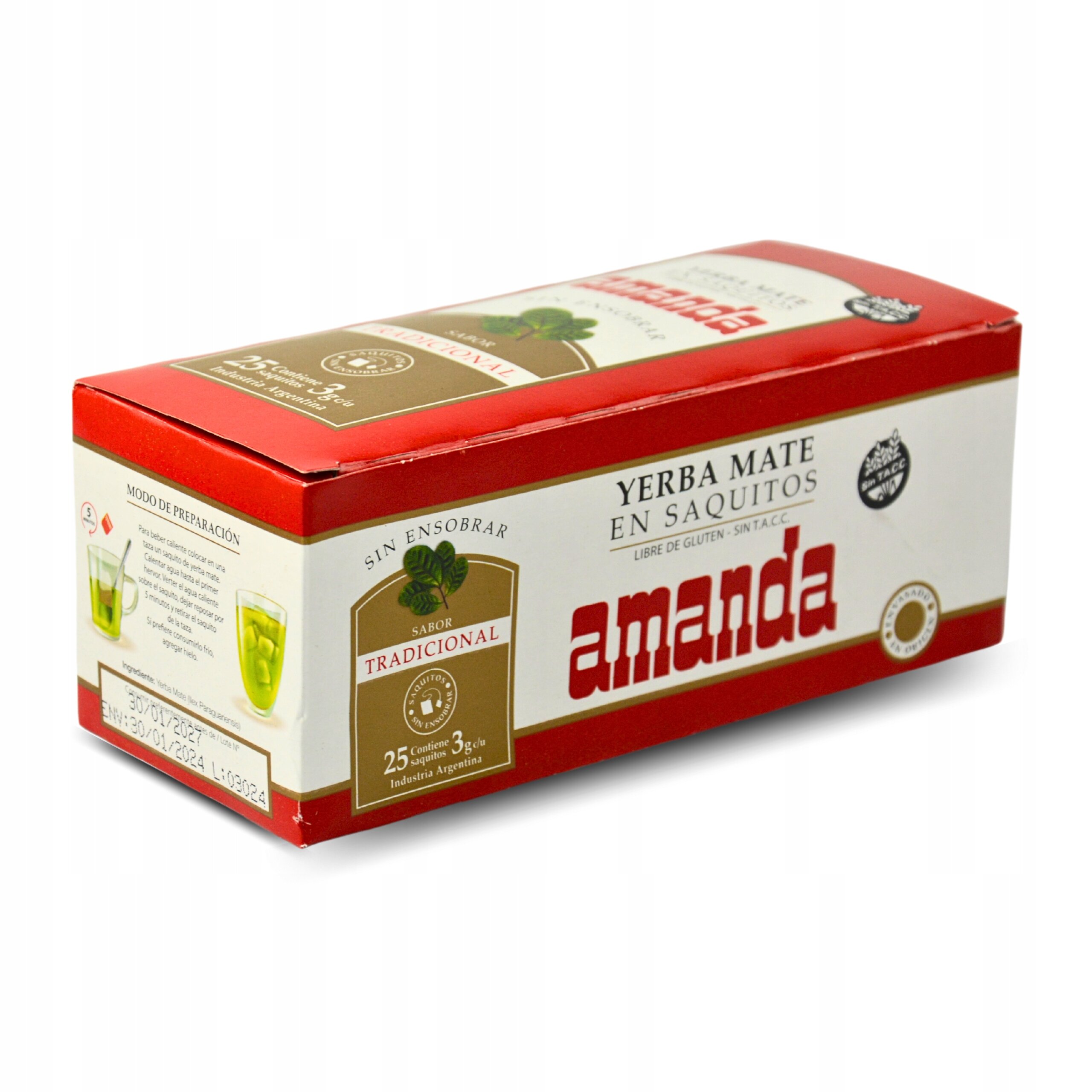 Opakowanie Yerba Mate Amanda Klasyczna w saszetkach, zawierające 25 torebek. Na opakowaniu widnieje napis \'amanda\' oraz informacje o produkcie, takie jak \'Sabor Tradicional\' i \'Libre de gluten\'.