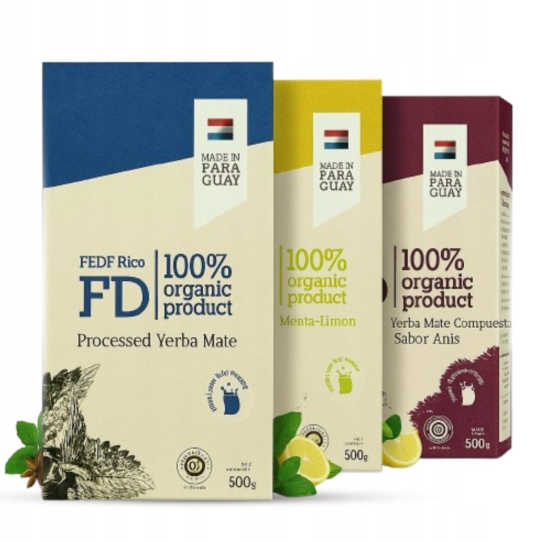 Trzy opakowania yerba mate o pojemności 500g każde, z napisami: \'FEDF Rico FD 100% organic product Processed Yerba Mate\', \'100% organic product Menta-Limon\', \'100% organic product Yerba Mate Compuesta Sabor Anis\'. Na każdym opakowaniu widnieje logo z napisem \'MADE IN PARAGUAY\'.