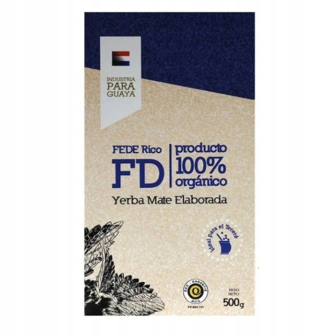 Opakowanie Yerba Mate z napisem \'FEDE Rico FD producto 100% orgánico Yerba Mate Elaborada\'. Widoczne są również symbole certyfikacji i waga netto 500g.