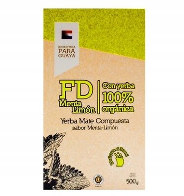Opakowanie Yerba Mate z napisem \'FD Menta Limón\' oraz \'Con yerba 100% orgánica\'. Widoczne logo \'Industria Paraguaya\' i ilustracja liści, waga 500 g.