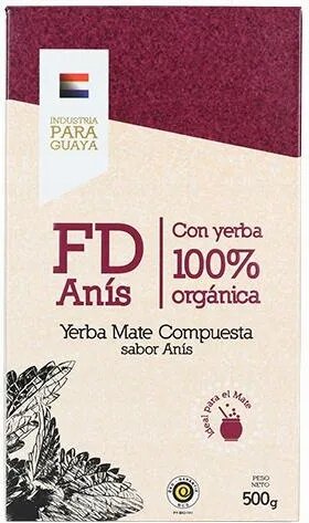 Opakowanie Yerba Mate Compuesta sabor Anís z napisem \'FD Anís\' oraz informacją \'Con yerba 100% orgánica\'. W dolnej części widoczny jest rysunek liści oraz napis \'Peso Neto 500g\'.