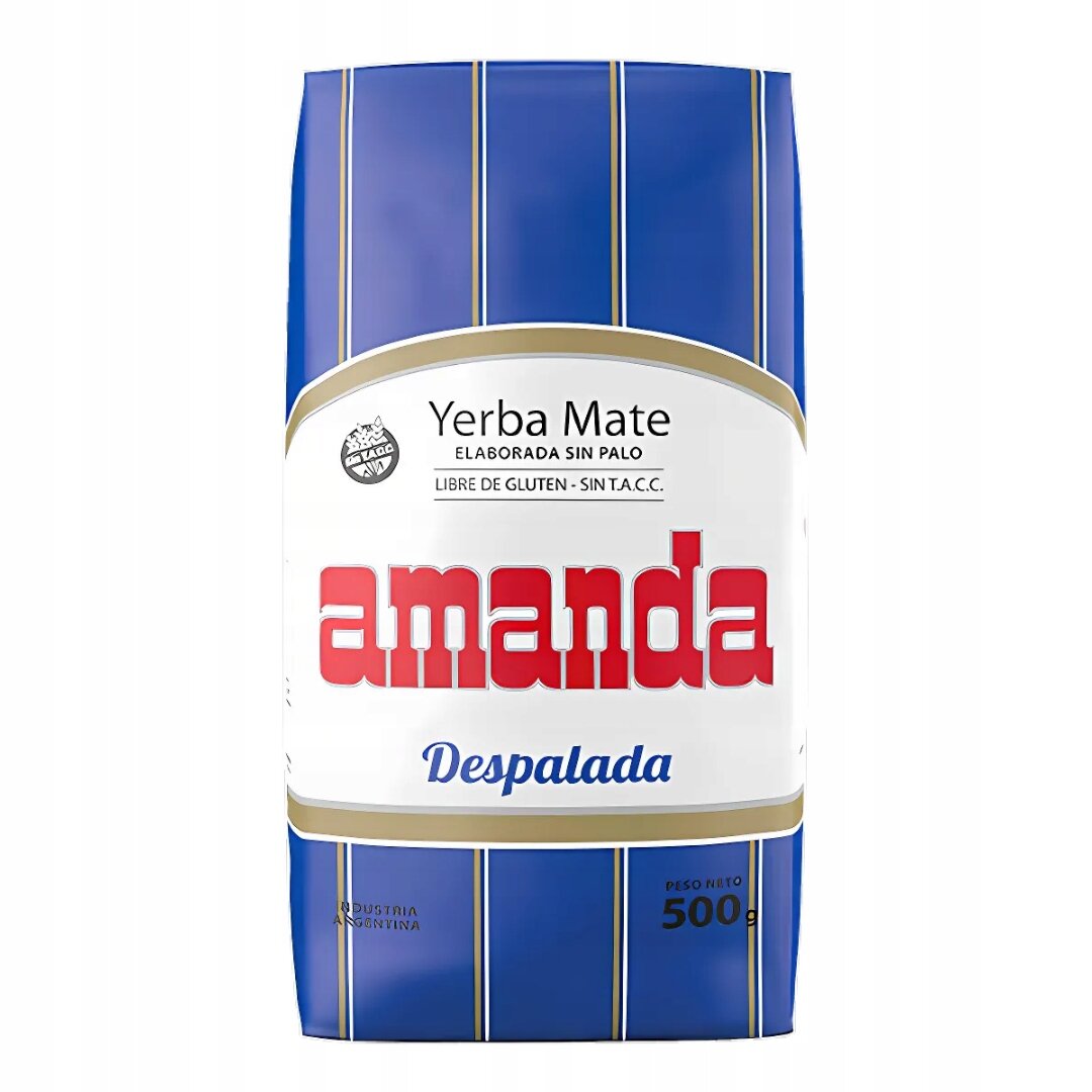 Opakowanie Yerba Mate Amanda Despalada Sin Palo 500g z niebieskimi i białymi paskami. Na opakowaniu widoczny jest tekst: \'Yerba Mate elaborada sin palo, libre de gluten - sin T.A.C.C., amanda, Despalada, Industria Argentina, Peso Neto 500g\'.