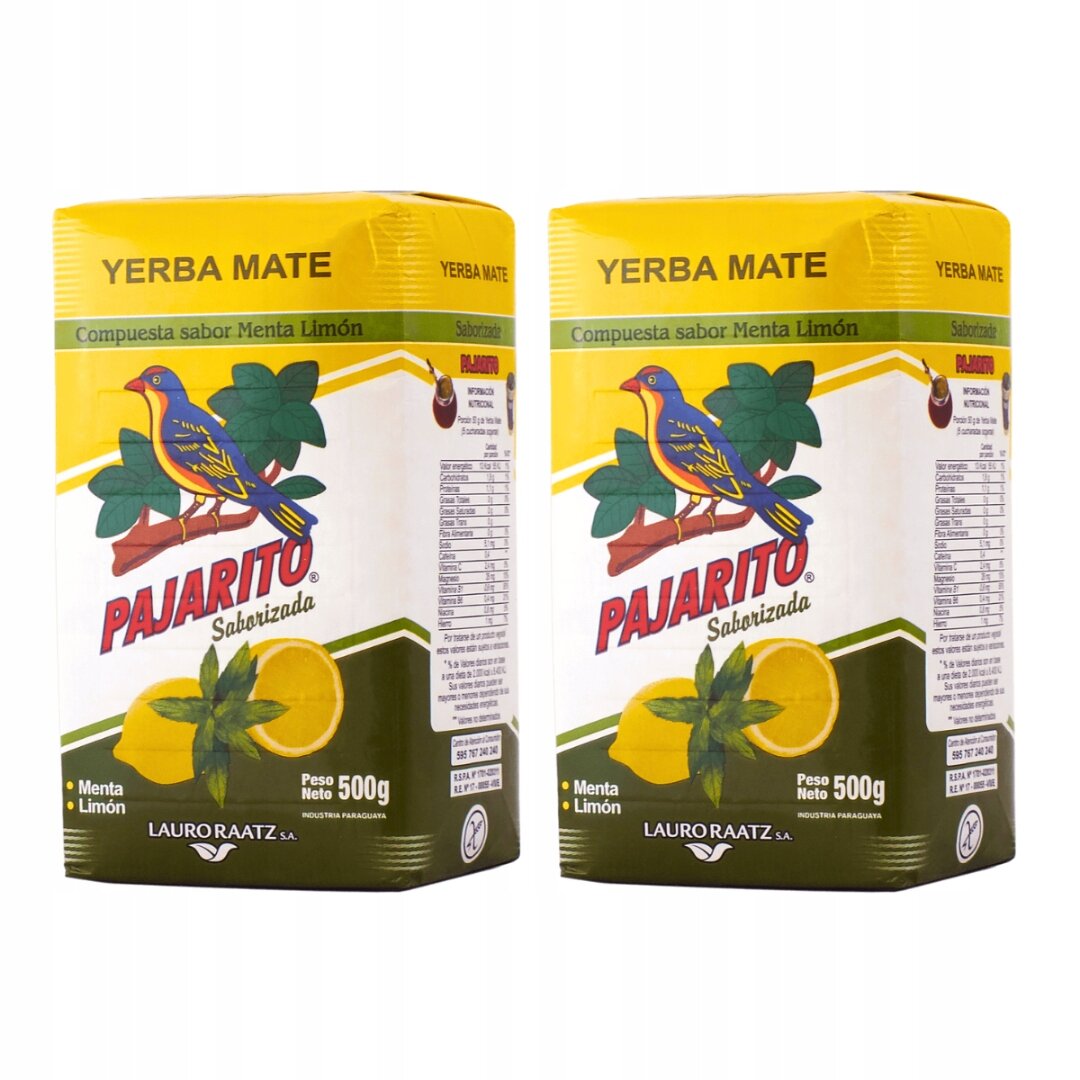 Dwa opakowania Yerba Mate Pajarito Menta Limon, każde o wadze netto 500g, z widocznym logo przedstawiającym ptaka na tle liści oraz cytrynę i miętę. Na opakowaniach znajduje się tekst: \'YERBA MATE\', \'Compuesta sabor Menta Limón\', \'PAJARITO Saborizada\', \'Peso Neto 500g\', \'Menta Limón\', \'LAURORAATZ S.A.\'.