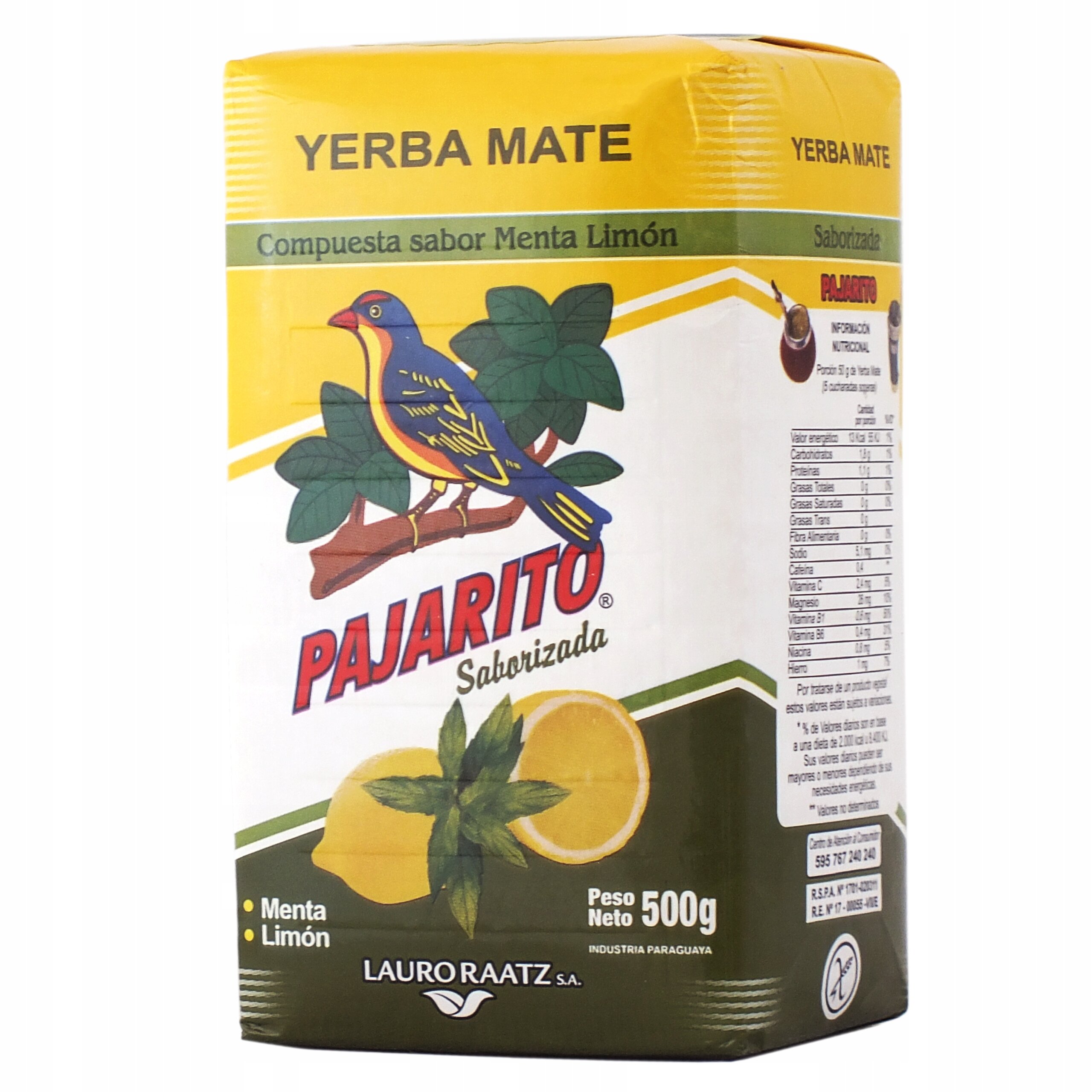 Opakowanie Yerba Mate Pajarito Menta Limon o wadze 500g z widocznym logo przedstawiającym ptaka na gałęzi. Na opakowaniu znajdują się napisy: \'Yerba Mate\', \'Compuesta sabor Menta Limón\', \'Pajarito Saborizada\', \'Menta\', \'Limón\', \'Peso Neto 500g\'.