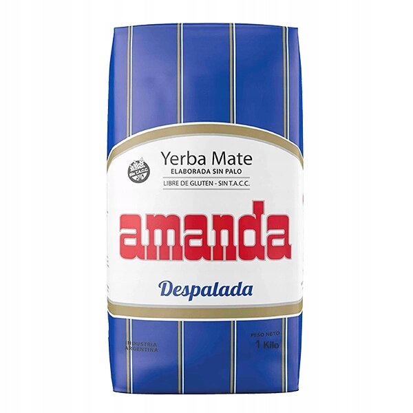 Opakowanie Yerba Mate Amanda Despalada Sin Palo 1kg z niebieskimi i białymi paskami oraz dużym czerwonym napisem \'amanda\'.