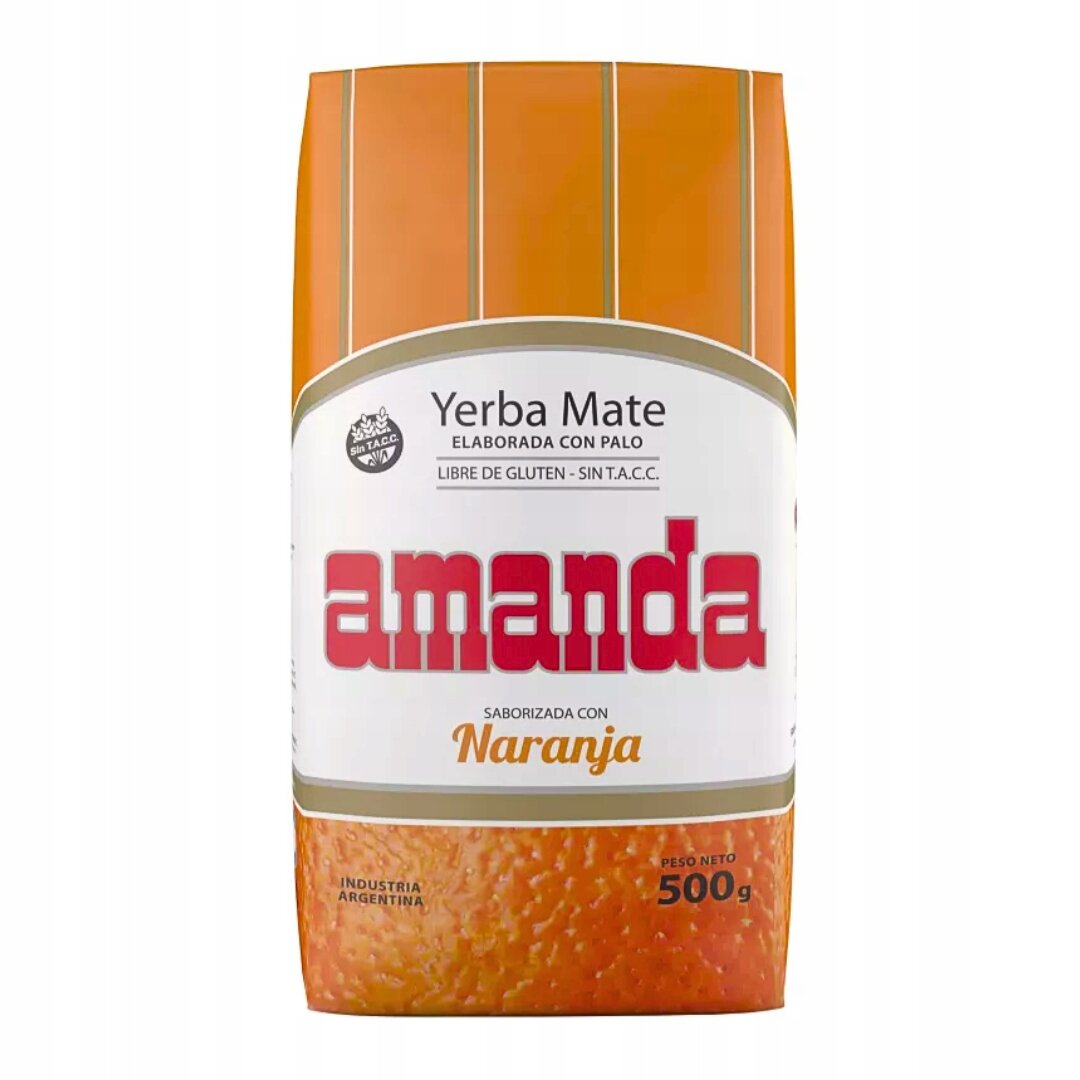 Opakowanie Yerba Mate Amanda o smaku pomarańczowym, z napisem \'Yerba Mate elaborada con palo, libre de gluten - sin T.A.C.C.\' oraz \'amanda saborizada con Naranja\'. Waga netto 500 g, produkt z Argentyny.